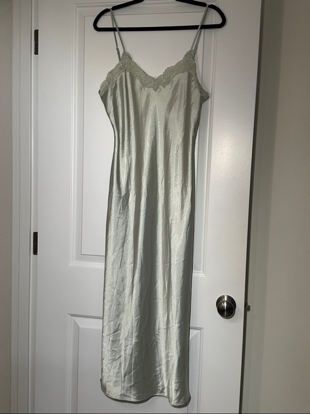 Silk-Look Lace Trim Slip Dress - Sage Green